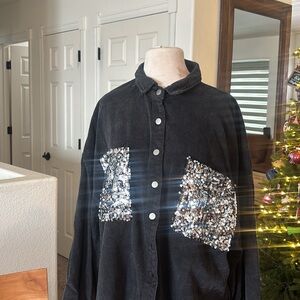 POL Black Jean Jacket with Silver Sequins